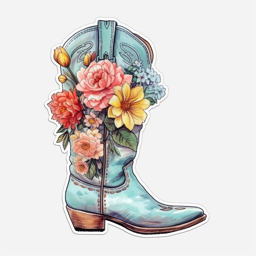 cowgirl boots, pastel blue, western, flowers, white background, sticker, high resolution, vibrant --ar 12:12 --v 5