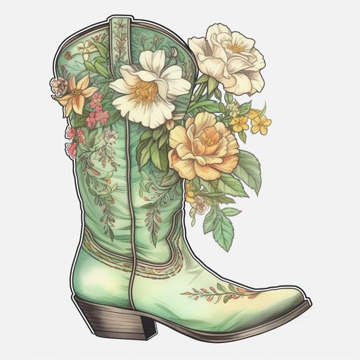 cowgirl boots, pastel green, western, flowers, white background, sticker, high resolution, vibrant --ar 12:12 --v 5