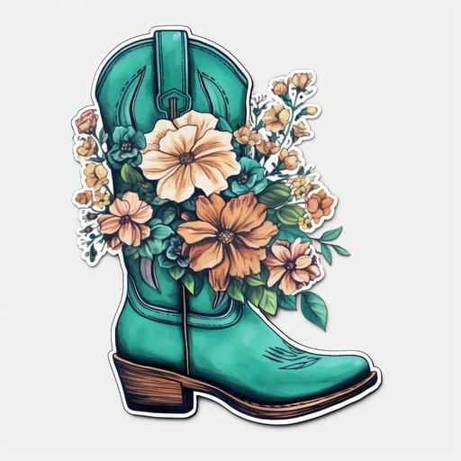 cowgirl boots, teal, western, flowers, white background, sticker, high resolution, vibrant --ar 12:12 --v 5