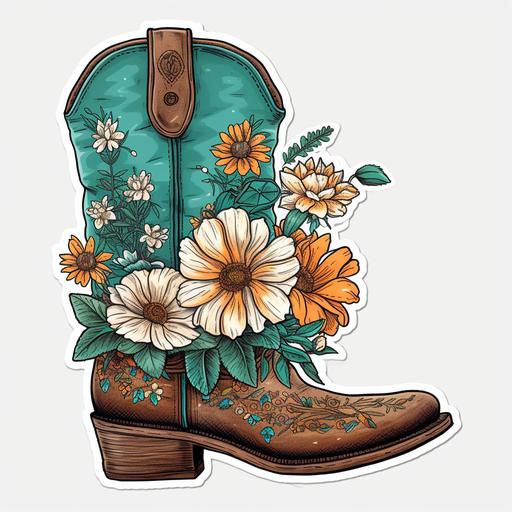 cowgirl boots, teal, western, flowers, white background, sticker, high resolution, vibrant --ar 12:12 --v 5