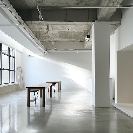 coworking loft, creative studio space, three tables, light grey cement floor, white walls, concrete ceiling, no column --v 6.0