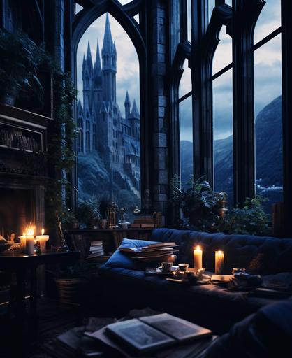 cozy office, blue, ravenclaw theme, candles, tea on desk, large windows, couch, plants, dark aesthetic, daytime --ar 9:11