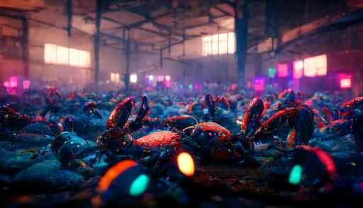 crab rave, 90s warehouse, packed with dancing crabs, rave lights, octane render, 8k --ar 16:9