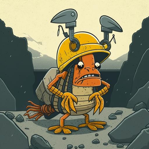 crawfish wearing a yellow hard hat in a salt mine, cartoon style