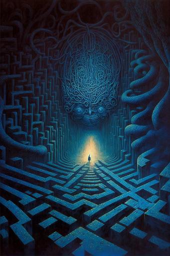 crawling creates in spaceship, labyrinth, in puzzle maze, complex elaborate maze, megastructure building, post apocalyptic, megastructure, alien planet, blue light, midnight, hr giger, zdislav beksinski, oil painting, surrealism --ar 2:3 --q 2 --v 4