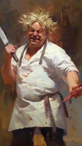 crazy fat chef, blond, in a crumpled white T-shirt, grease-stained T-shirt, knife in hand, portrait, oil painting --ar 9:16 --q 2 --upbeta