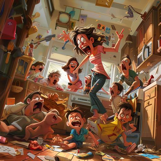 crazy-looking parents with children playing around the messy house, animated, Disney style