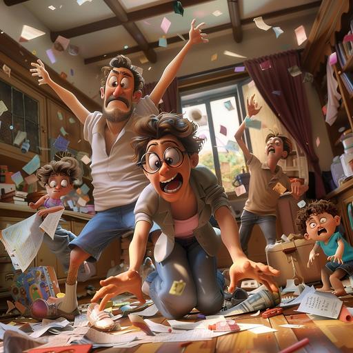 crazy-looking parents with children playing around the messy house, animated, Disney style