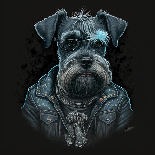 crazy standard schnauzer wearing black skull shirt and jeans, simple