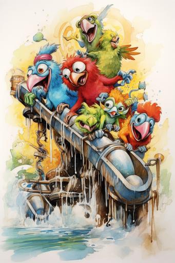 crazy zany cartoon image, waterslide log ride zooming down track packed with crazy cute parrots with vibrant plumage, loose watercolor and ink wash, illustration in the style of Jack Davis and mad magazine, ink lines, colored ink wash and watercolors --ar 2:3