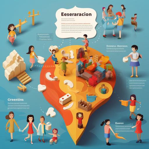 crea un esquema de relación, que muestre la convergencia de dos extremos, en una sección aparezca un mundo de niños y juegos y en otra un mundo donde aparece adultos que toman desiciones sobre todo, en el centro, aparece la escuela como un lugar de encuentro. Esta imegen representara la unifición cohesiva y amable entre ambas perocupaciones en el mundo.