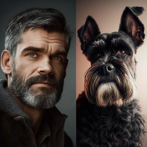 crea una imagen de un hombre con barba pelon junto con un hombre moreno venezolano y un schnauzer