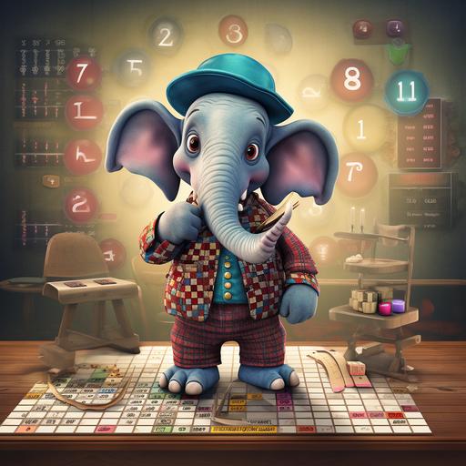 crea una imagen infantil de multiplicadivi con Eddie el elefante para niños de 5 a 8 años enseñando la tabla de multiplicar del 5