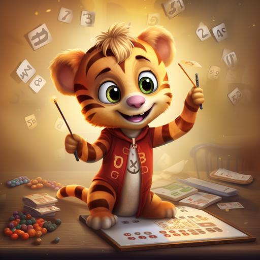 crea una imagen infantil de multiplicadivi con toby el tigre para niños de 5 a 8 años enseñando la tabla de multiplicar del 3