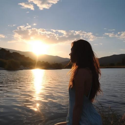 crear una imagen de una mujer de unos 30 años, cuerpo completo,sentada y dando la espalda, la cual se ve muy feliz. Esta sentada frente a un lago con montañas atras. Cielo azul, pero con el sol en ocaso. Fotografia en 4k HD --v 5.0 --s 250