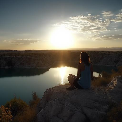 crear una imagen de una mujer de unos 30 años, cuerpo completo,sentada y dando la espalda, la cual se ve muy feliz. Esta sentada frente a un lago con montañas atras. Cielo azul, pero con el sol en ocaso. Fotografia en 4k HD --v 5.0 --s 250