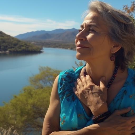 crear una imagen de una mujer de unos 50 años, cuerpo completo,sentada y dando la espalda, la cual se ve muy feliz. Esta sentada frente a un lago con montañas atras. Cielo azul, pero con el sol en ocaso. Fotografia en 4k HD --v 5.0 --s 250