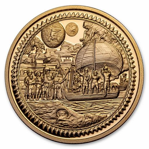crear una moneda antigua de coleccion de oro con el fondo blanco, con una imagen de la segunda guerra mundial