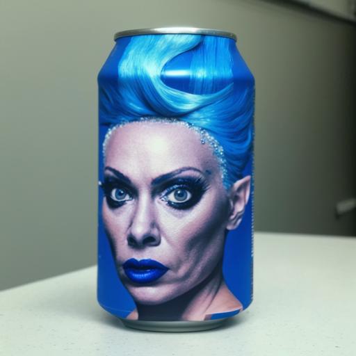 creat a realistic blue beer can with no letters but a picture of a drag Queen on it