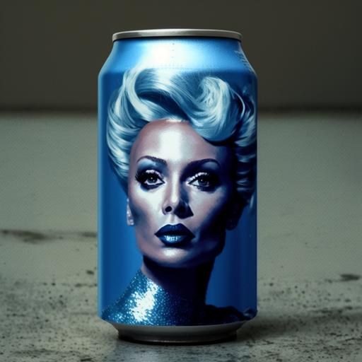 creat a realistic blue beer can with no letters but a picture of a drag Queen on it