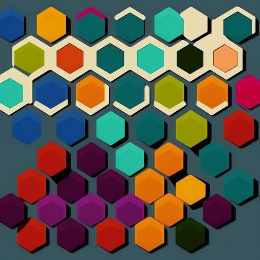 create 9 hexagons in a row and 9 in a column, put check sign in each hexagon and each hexagon should have a unique color don't repeat color in any hexagon, don't show row and column lines