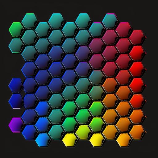 create 9 hexagons in a row and 9 in a column, put check sign in each hexagon and each hexagon should have a unique color don't repeat color in any hexagon, don't show row and column lines