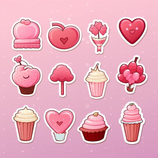 create Valentine’s Day themed sticker sheet, cartoon, desserts, hearts, teddy bears, flowers, chocolate, strawberry, heart shaped balloons, sticker outline, on light pink background
