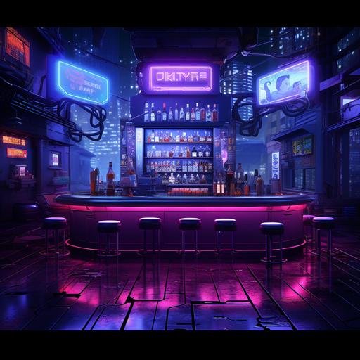create a '' Create an animated background suitable for a Vtuber's Twitch stream. The scene should depict a Cyberpunk-themed bar with vibrant purple hues and a neon-soaked atmosphere. The animation must loop seamlessly, providing a captivating backdrop for the Vtuber's overlay. The focal point should be a cyberpunk bar setting with futuristic elements such as holographic displays, neon signage, and tech-infused aesthetics. Incorporate an array of neon lights in shades of purple and blue, creating a mesmerizing and energetic ambiance. The scene should showcase a bustling, yet cozy bar atmosphere, with patrons or silhouettes moving about in the background. It should exude a sense of cyber-futurism, including elements like holographic projections, flickering neon signs, and perhaps even futuristic drinks or interactive displays. For the Vtuber overlay, ensure the purple stream overlay complements the scene without overpowering the animated background. The looped background animation should create an immersive and engaging environment, enhancing the Vtuber's content. The overall theme should combine the energy of a cyberpunk bar with the calming vibes of a lo-fi ambiance. Focus on intricate details and dynamic lighting to bring the scene to life, providing a visually appealing and captivating background for the Vtuber's streaming content.