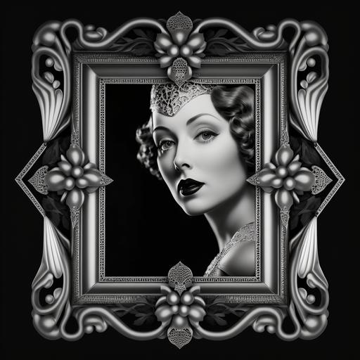 create a 1930s art deco picture frame with filigree in black and white with no background and no photo ar--16:9