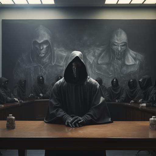 create a 4k hyper realism. a strong muscular man wearing a black cloak and Pearl white Bauta mask. Back ground is an office board meeting