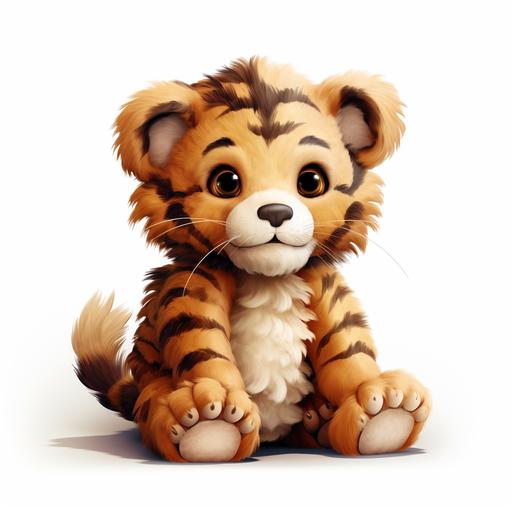 create a FLUFFY toy tiger cub in the style of Teddy sideways on white background