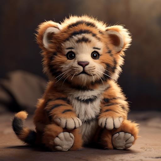 create a FLUFFY toy tiger cub in the style of Teddy sitting sideways