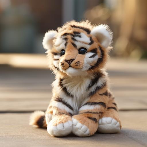 create a FLUFFY toy tiger cub sitting sideways