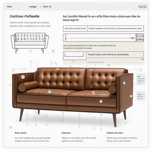 create a UX design wireframe for a product details page, on a website, selling a mid-century modern brown leather sofa