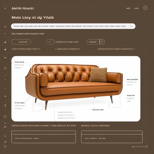 create a UX design wireframe for a product details page, on a website, selling a mid-century modern brown leather sofa