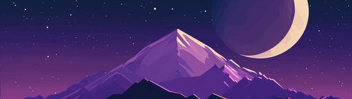 create a banner with a solid dark purple background and moon from the image at the far right end and the mountain from the image at the far left end, to use as a header for important messages on a discord server, digital art, minimalist, professional, appealing --ar 32:9 --v 6.0