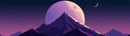 create a banner with a solid dark purple background and moon from the image at the far right end and the mountain from the image at the far left end, to use as a header for important messages on a discord server, digital art, minimalist, professional, appealing --ar 32:9 --v 6.0