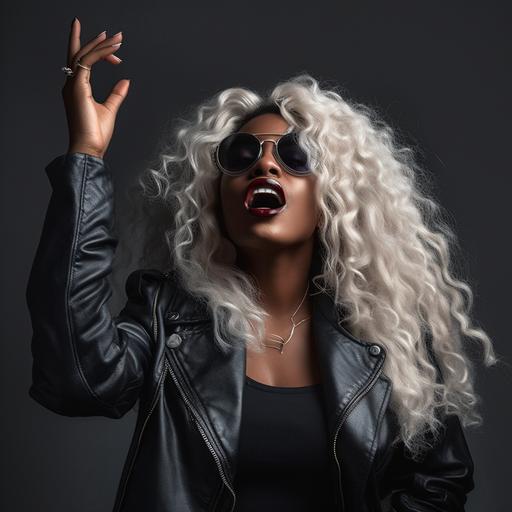 create a beautiful 21 year old black women with long curly white hair, black leather, hands raised in the air, black sunglasses, photo realistic. --v 5.0