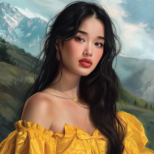 create a beautiful asian woman face with long black hair over laying over one shoulder wearing a yellow blouse with light pink lip stick with a fierce look, mountains in the background cartoon look with realist look also