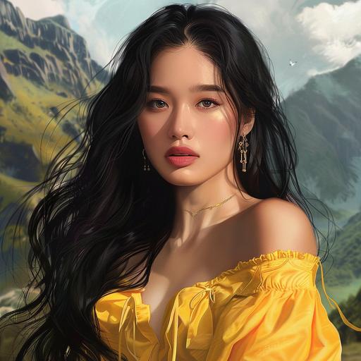 create a beautiful asian woman face with long black hair over laying over one shoulder wearing a yellow blouse with light pink lip stick with a fierce look, mountains in the background cartoon look with realist look also