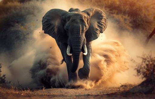 create a beautiful elephant running towards the camera, DSLR, kicking up dirt and dust, shrubs, Motion Blur African safari background --ar 14:9 --v 6.0