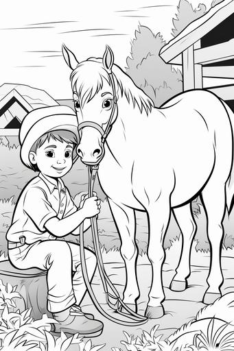 create a black and white childrens coloring book page in a modern cartoon style with no shading of a short horse eating hay in a pen, full body --ar 2:3