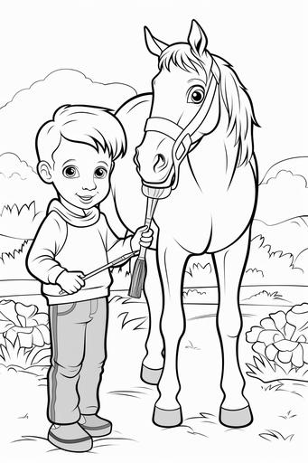 create a black and white childrens coloring book page in a modern cartoon style with no shading of a short horse eating hay in a pen, full body --ar 2:3