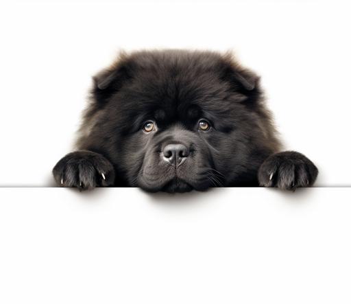 create a black chow chow peeking with front feet on a ledge, realistic, illustration, white background, 8k, vibrant --ar 37:32 --v 5.1
