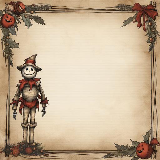 create a blank page with a Christmas boarder including a scary scarecrow in the bottom corner of the boarder, evil angry scarecrow