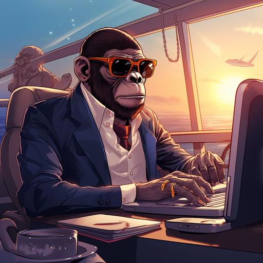 create a bored ape yacht club nft lookalike, but make her female, dressed in a suit, sitting in an office, working on her laptop. make the bored ape cartoon like the nfts, look at eminem and snoop from the d 2 the LBC for inspiration
