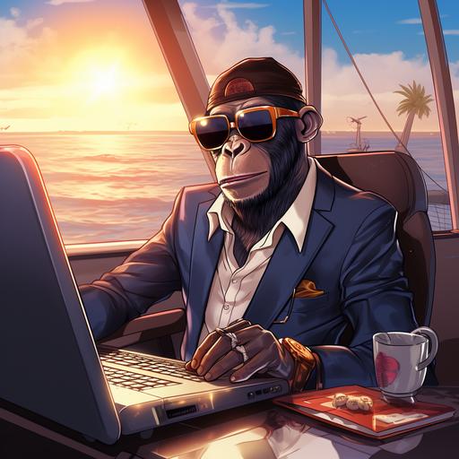 create a bored ape yacht club nft lookalike, but make her female, dressed in a suit, sitting in an office, working on her laptop. make the bored ape cartoon like the nfts, look at eminem and snoop from the d 2 the LBC for inspiration