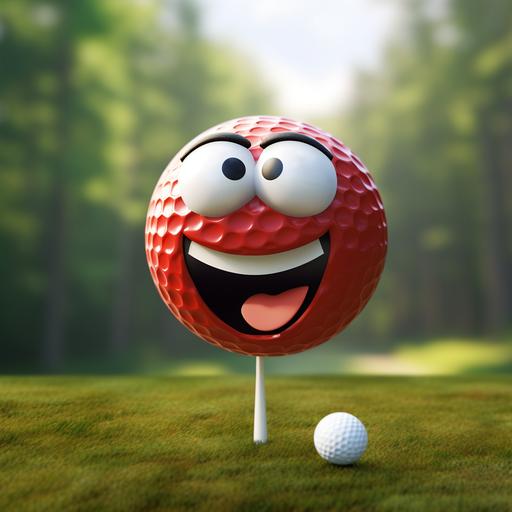 create a cartoon golf ball with a cartoon face on it holding a red golf tee and put a red hat on the cartoon golf ball--ar 16:9