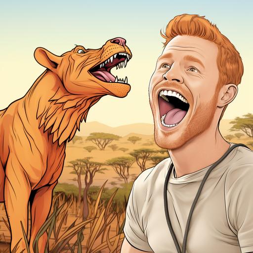 create a cartoon photo of a ginger male licking his lips in an African savannah for a coloring book