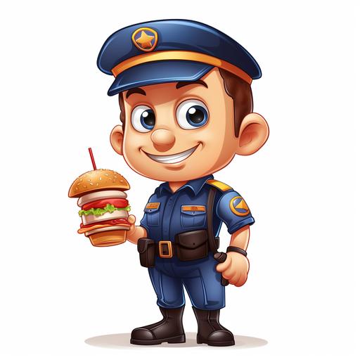 create a cartoon police officer going through fastfood with a white background